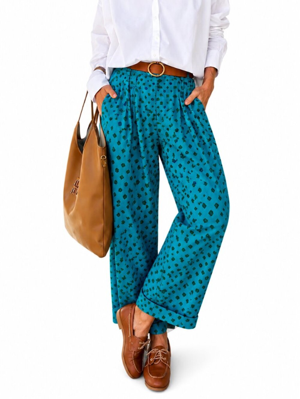 Vintage Kelly Green Geometric Print High Waist Tapered Pants | Pleated Front